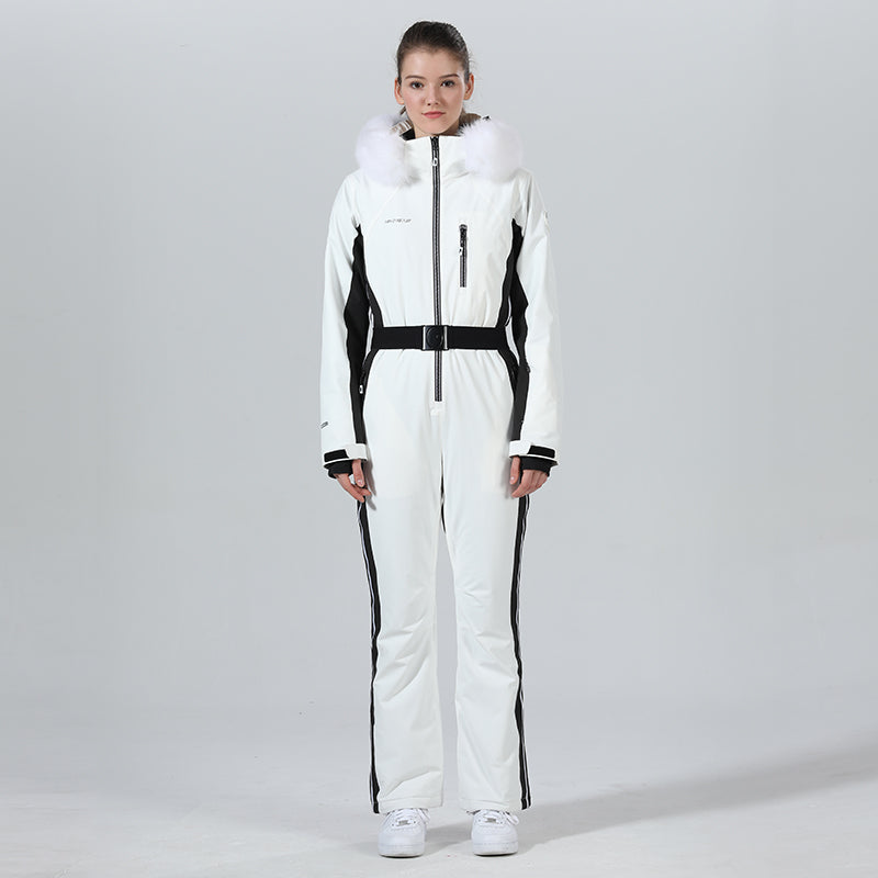 Damen Winter Chic Ski-Overall mit Pelzkapuze, einteiliger Ski-Overall