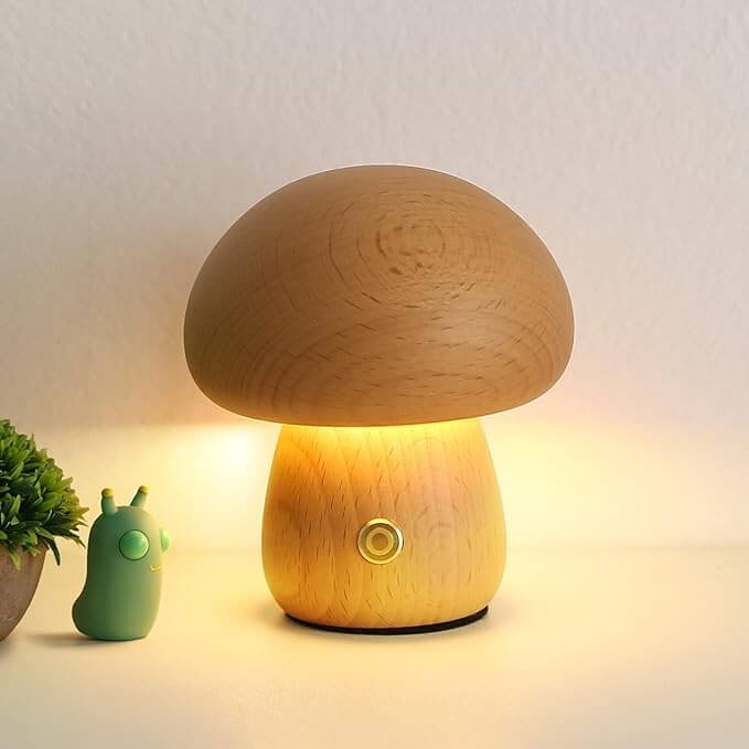 Luvano Tischleuchte Pilz Holz Akku Nachtlicht