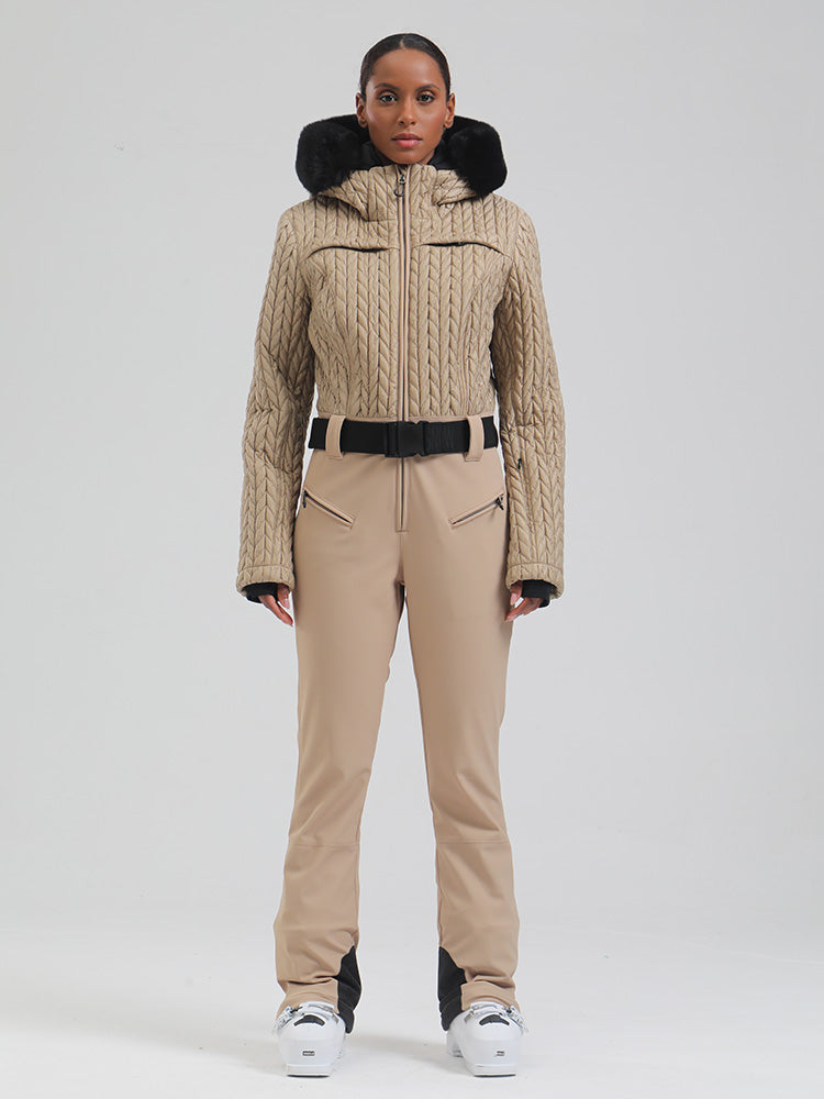 Gsou Damen-Skioverall „Snow Mountain Chic“ mit Kunstpelzbesatz und ausgestelltem Bein
