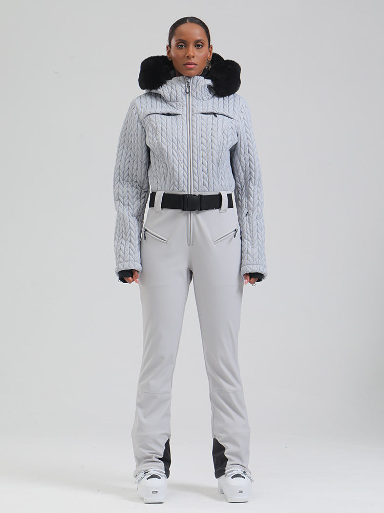 Gsou Damen-Skioverall „Snow Mountain Chic“ mit Kunstpelzbesatz und ausgestelltem Bein