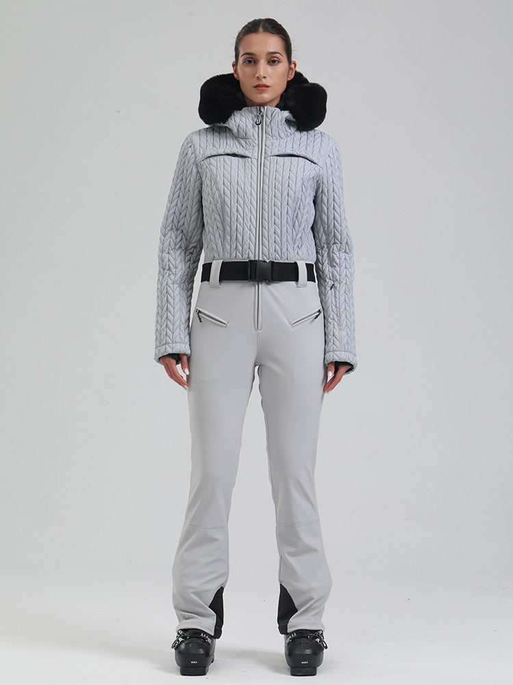 Gsou Snow Mountain Chic Damen-Skianzug mit Kunstpelzbesatz und ausgestelltem Bein