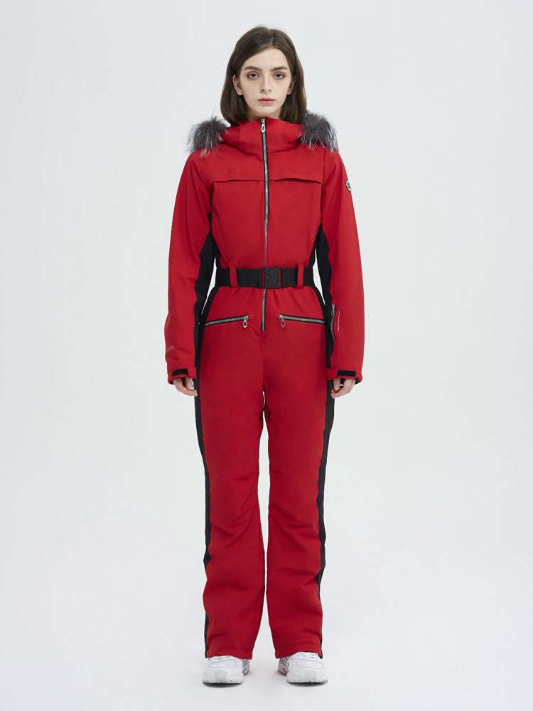 Damen-Skioverall mit hohem Tragekomfort, elegantem Bergflausch und Kunstpelzbesatz