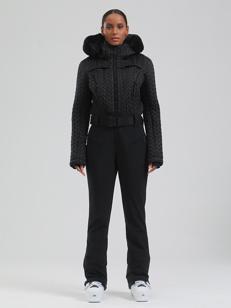 Gsou Damen-Skioverall „Snow Mountain Chic“ mit Kunstpelzbesatz und ausgestelltem Bein
