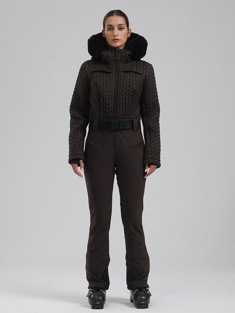 Gsou Snow Mountain Chic Damen-Skianzug mit Kunstpelzbesatz und ausgestelltem Bein