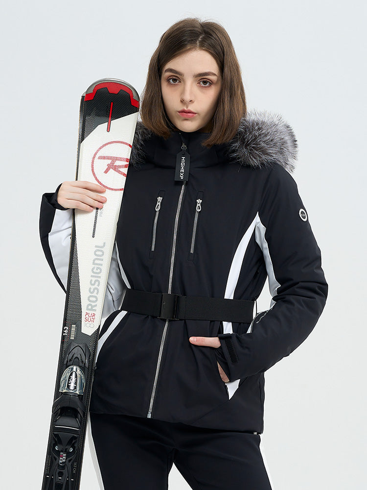 SnowCharm Damen-Daunen-Skijacke mit abnehmbarem Fellfutter, isoliert und schmal geschnitten