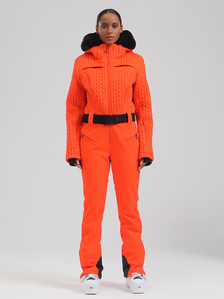 Gsou Damen-Skioverall „Snow Mountain Chic“ mit Kunstpelzbesatz und ausgestelltem Bein