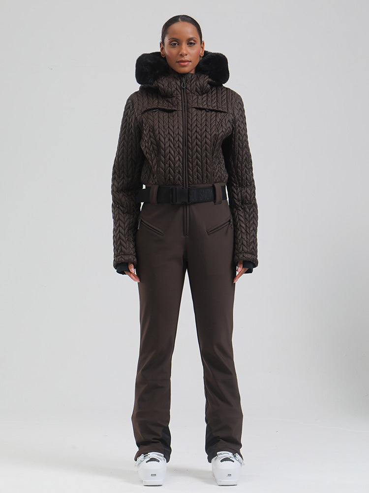 Gsou Damen-Skioverall „Snow Mountain Chic“ mit Kunstpelzbesatz und ausgestelltem Bein
