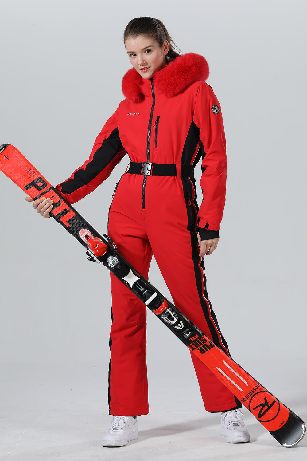 Damen Winter Chic Ski-Overall mit Pelzkapuze, einteiliger Ski-Overall