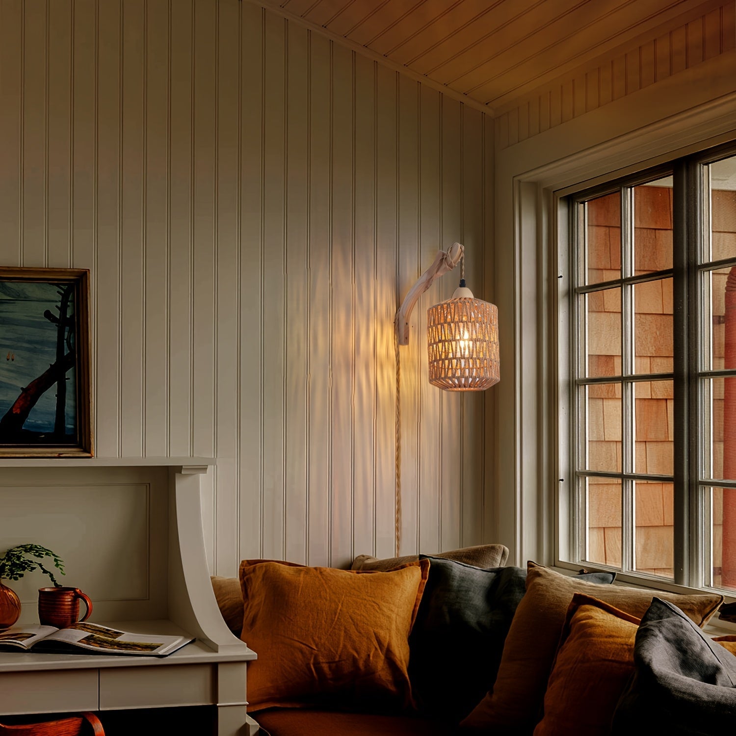 Luvano Wandleuchte Holz Rattan Boho mit Stecker