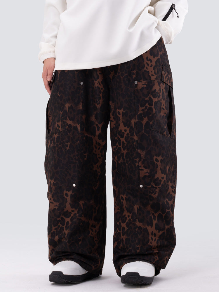 Damen-Skihose mit doppeltem Knie, Leopardenmuster, weit geschnitten, für Mountain Freestyle, Baggy-Stil