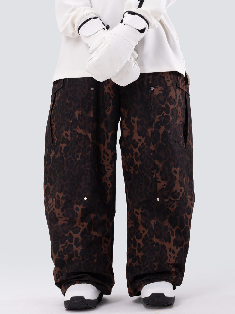 Damen-Skihose mit doppeltem Knie, Leopardenmuster, weit geschnitten, für Mountain Freestyle, Baggy-Stil