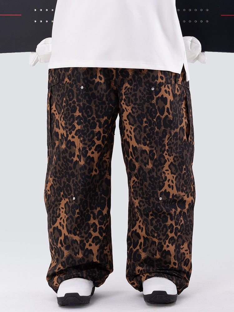 Herren-Skihose mit doppeltem Knieausschnitt Leopardenmuster weit geschnitten für Mountain Freestyle Baggy-Stil