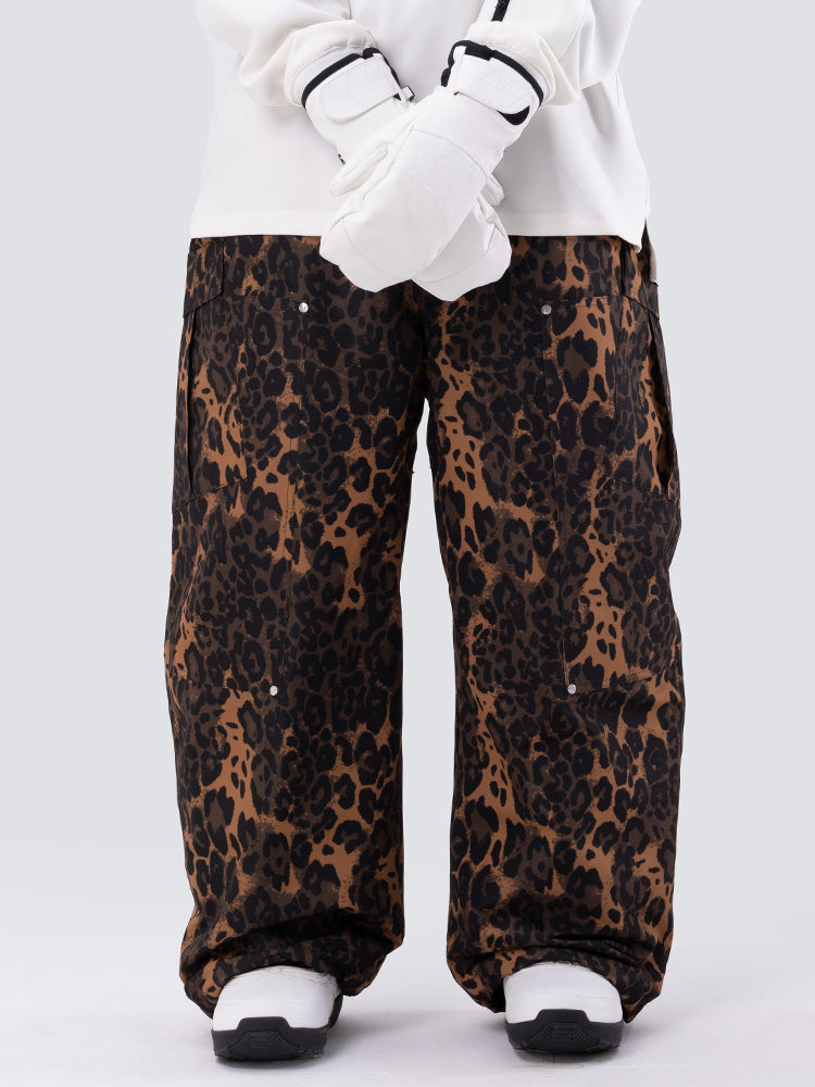 Damen-Skihose mit doppeltem Knie, Leopardenmuster, weit geschnitten, für Mountain Freestyle, Baggy-Stil