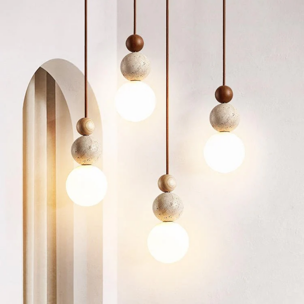 Luvano Pendelleuchte Travertin Holz Glas