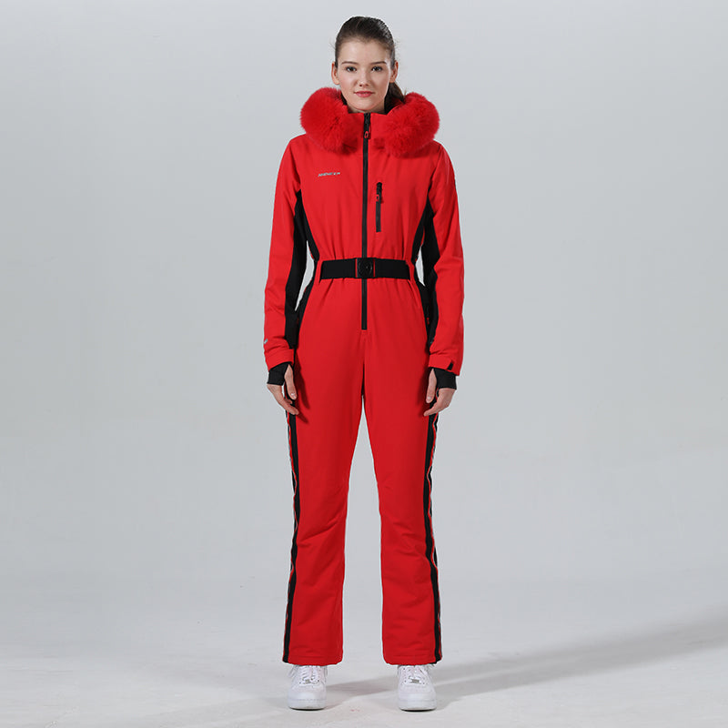 Damen Winter Chic Ski-Overall mit Pelzkapuze, einteiliger Ski-Overall