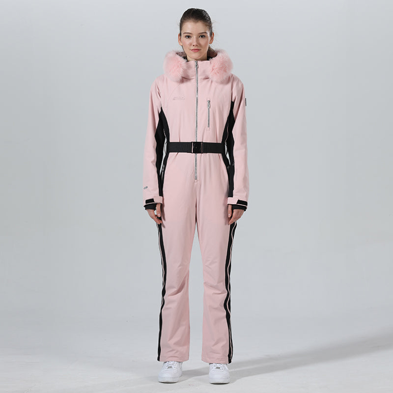 Damen Winter Chic Ski-Overall mit Pelzkapuze, einteiliger Ski-Overall