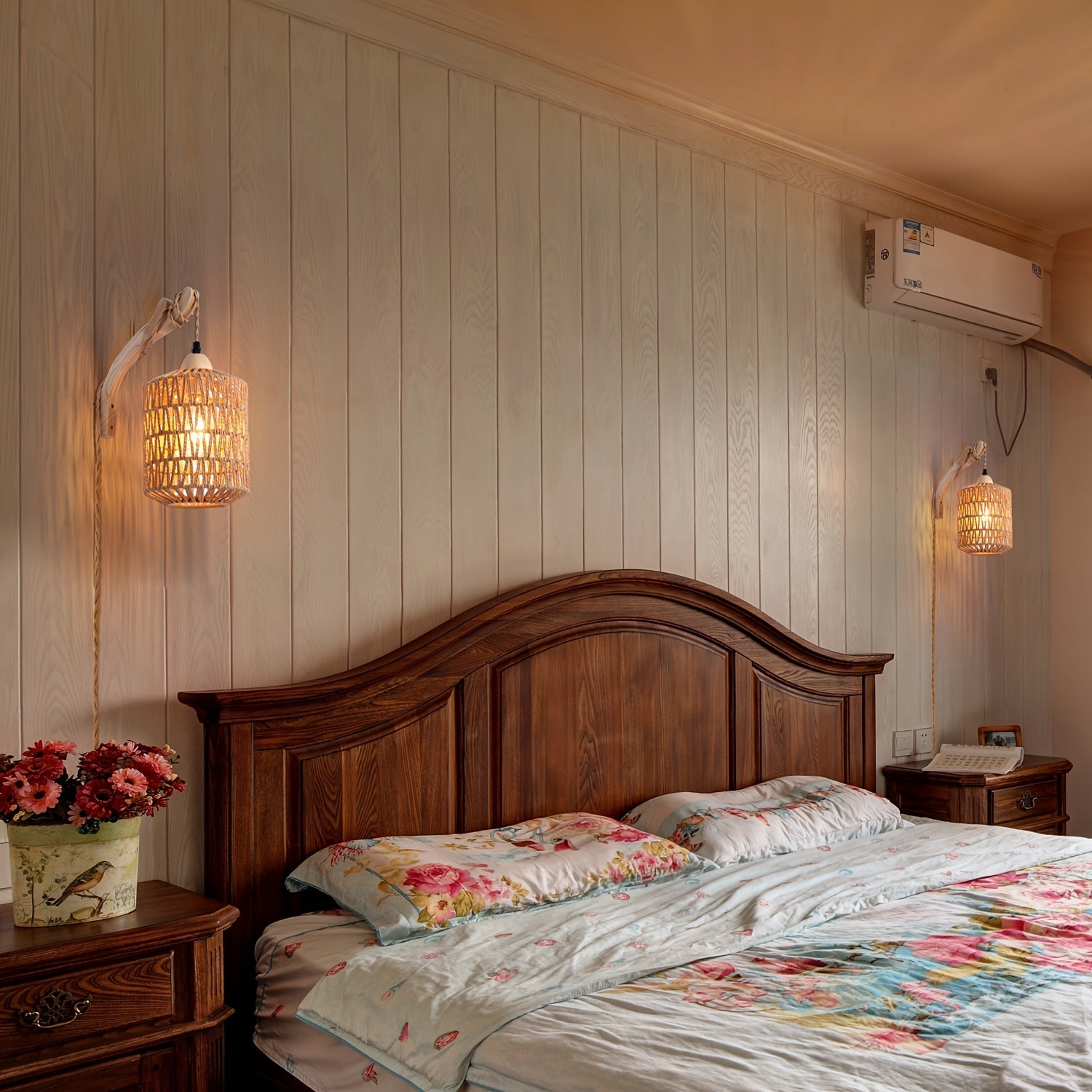 Luvano Wandleuchte Holz Rattan Boho mit Stecker