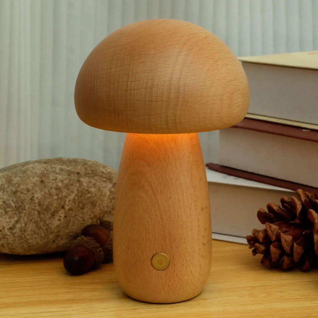 Luvano Tischleuchte Pilz Holz Akku Nachtlicht