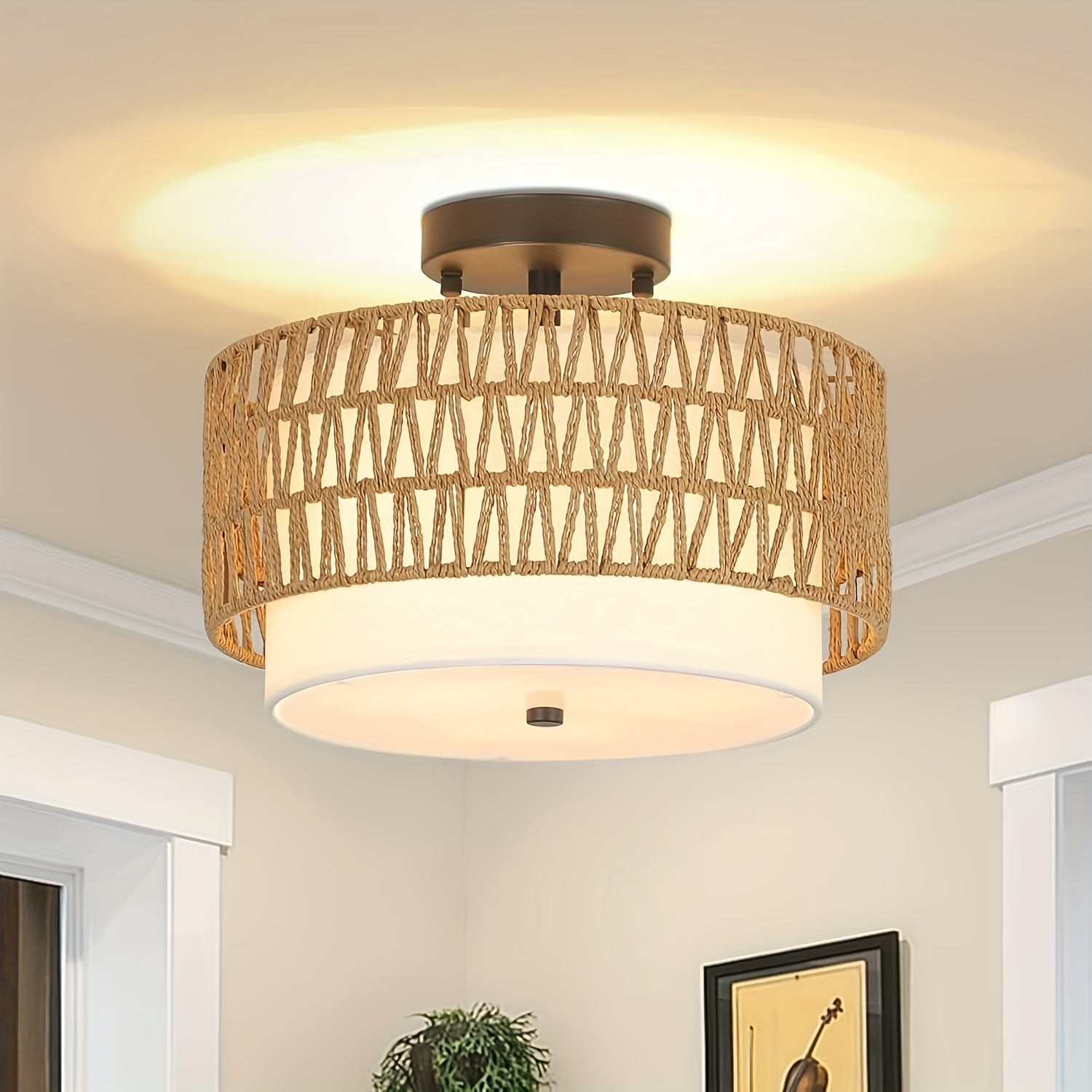 Luvano Deckenleuchte Rattan Leinen Boho Aufbau