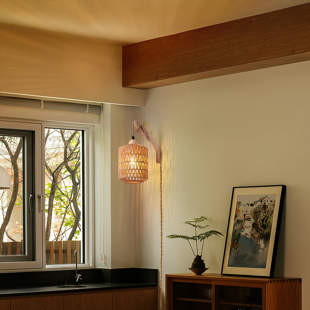 Luvano Wandleuchte Holz Rattan Boho mit Stecker