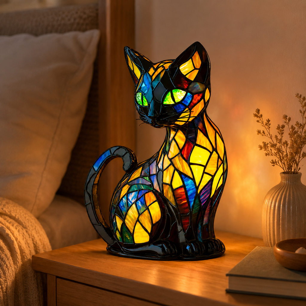 Luvano Tischleuchte Katze Tiffany Glas Nachtlicht