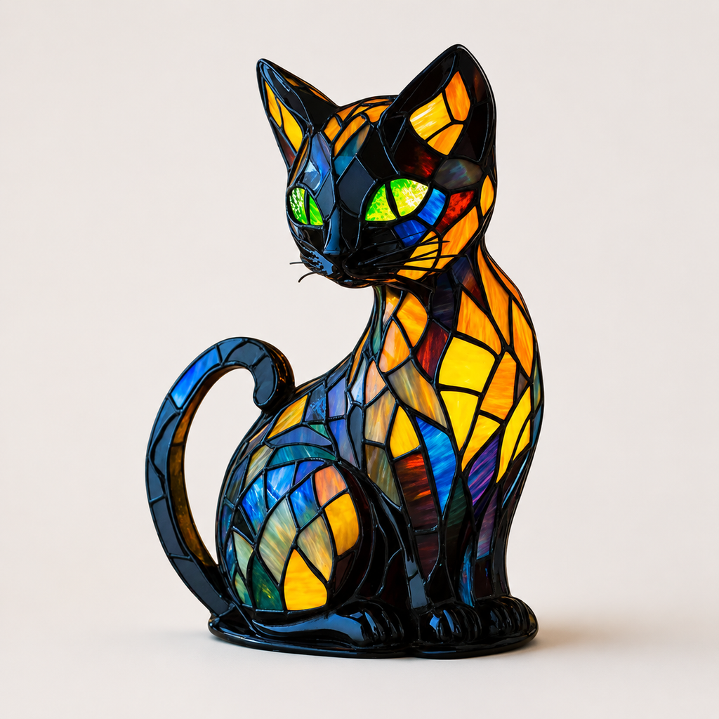 Luvano Tischleuchte Katze Tiffany Glas Nachtlicht