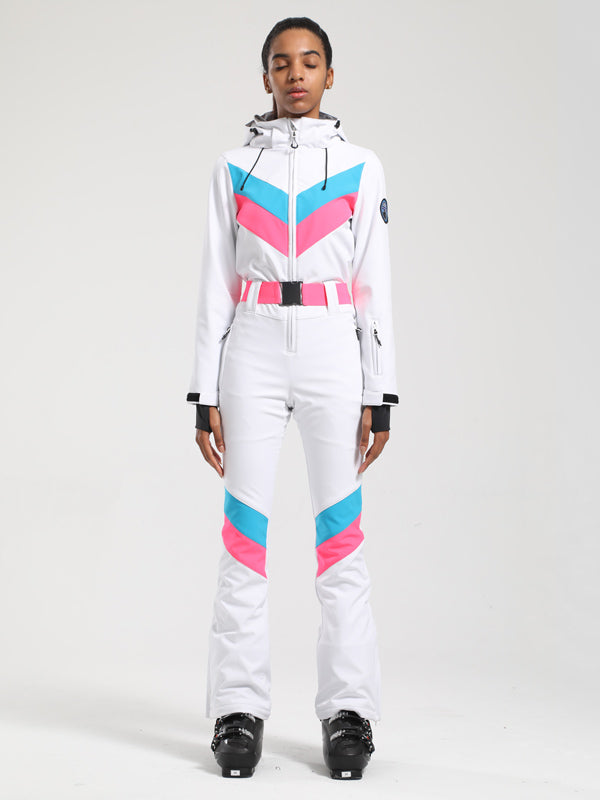 Gsou Snow Retro Damen-Skianzug mit Gürtel, V-Streifen und ausgestelltem Bein