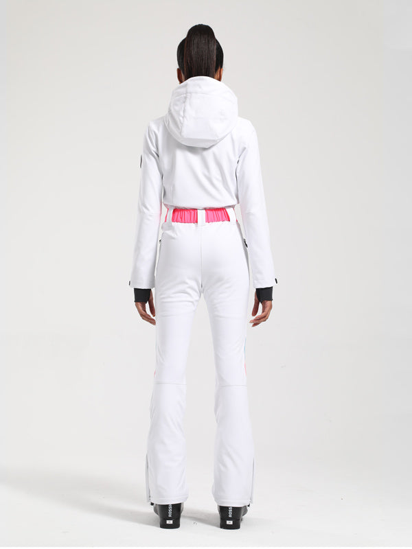 Gsou Snow Retro Damen-Skianzug mit Gürtel, V-Streifen und ausgestelltem Bein