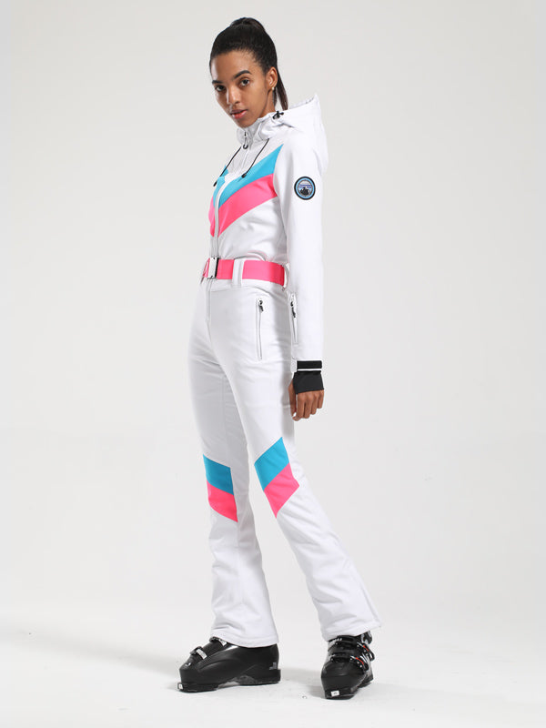 Gsou Snow Retro Damen-Skianzug mit Gürtel, V-Streifen und ausgestelltem Bein