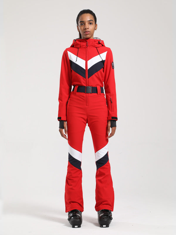 Gsou Snow Retro Damen-Skianzug mit Gürtel, V-Streifen und ausgestelltem Bein