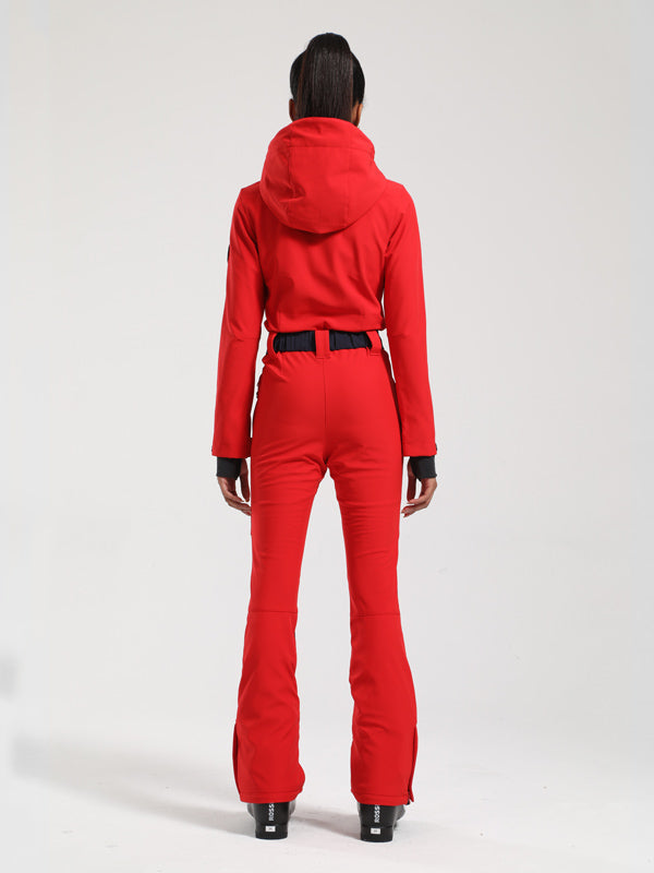 Gsou Snow Retro Damen-Skianzug mit Gürtel, V-Streifen und ausgestelltem Bein