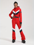 Gsou Snow Retro Damen-Skianzug mit Gürtel, V-Streifen und ausgestelltem Bein