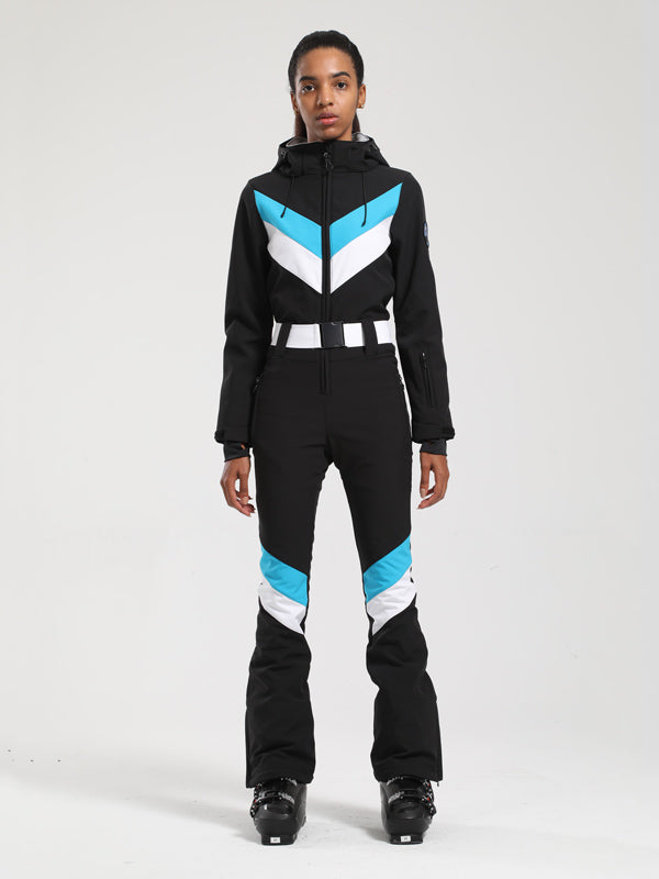 Gsou Snow Retro Damen-Skianzug mit Gürtel, V-Streifen und ausgestelltem Bein