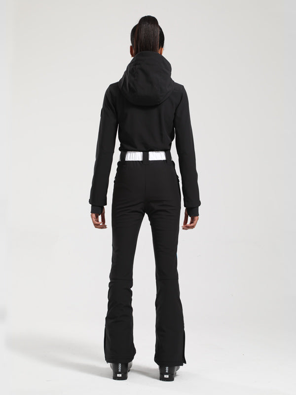 Gsou Snow Retro Damen-Skianzug mit Gürtel, V-Streifen und ausgestelltem Bein