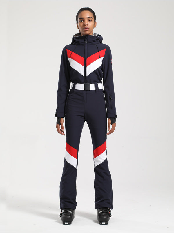Gsou Snow Retro Damen-Skianzug mit Gürtel, V-Streifen und ausgestelltem Bein
