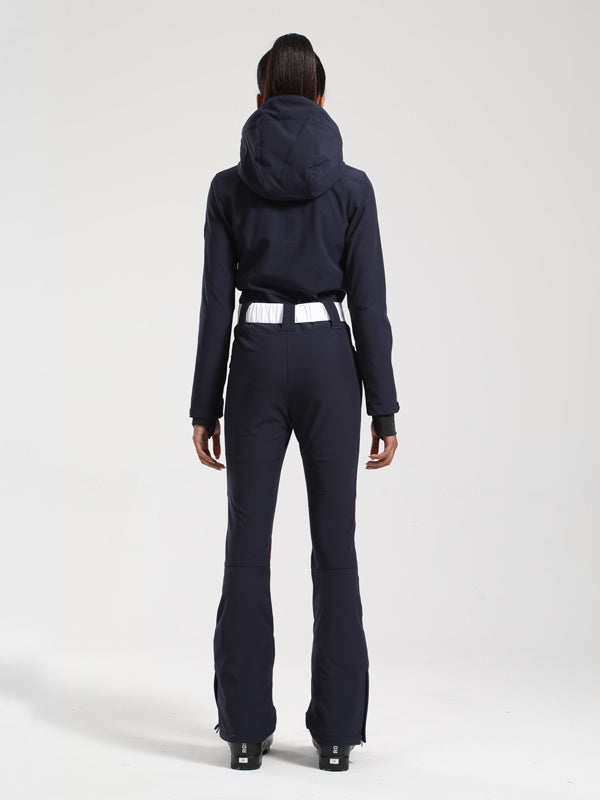 Gsou Snow Retro Damen-Skianzug mit Gürtel, V-Streifen und ausgestelltem Bein