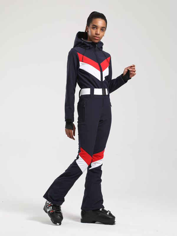 Gsou Snow Retro Damen-Skianzug mit Gürtel, V-Streifen und ausgestelltem Bein