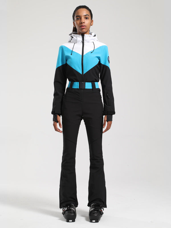 Gsou Snow Retro Damen-Skianzug mit Gürtel und farblich abgesetztem ausgestelltem Bein