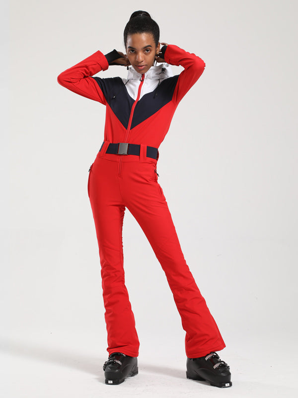 Gsou Snow Retro Damen-Skianzug mit Gürtel und farblich abgesetztem ausgestelltem Bein