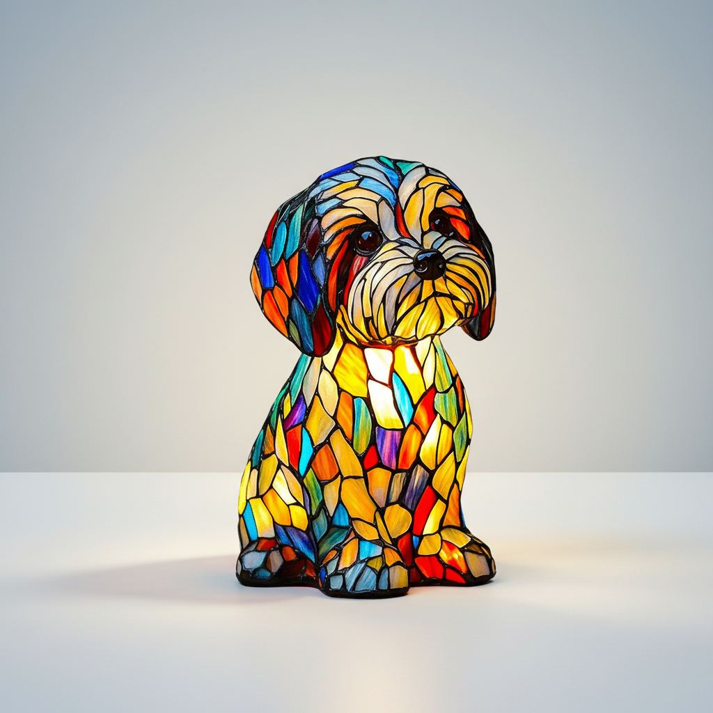 Luvano Tischleuchte Hund Buntglas Resin Deko