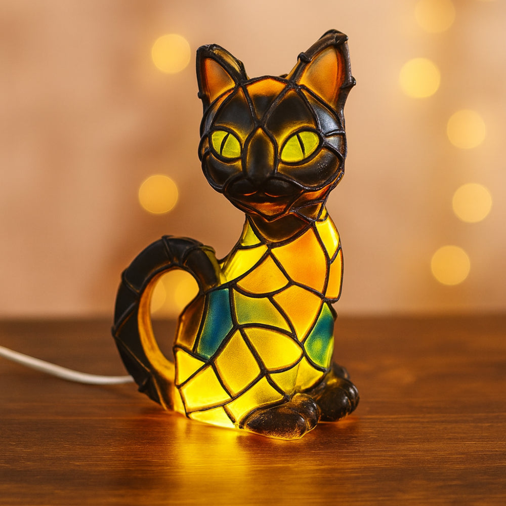 Luvano Tischleuchte Katze Tiffany Stil warmweiß