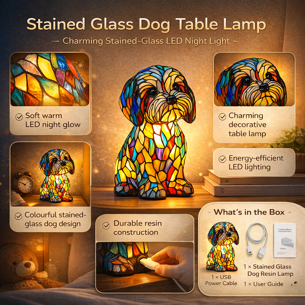 Luvano Tischleuchte Hund Buntglas Resin Deko