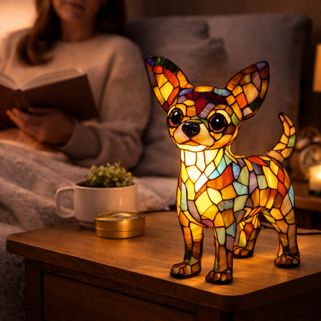 Luvano Tischleuchte Hund Buntglas bunt LED