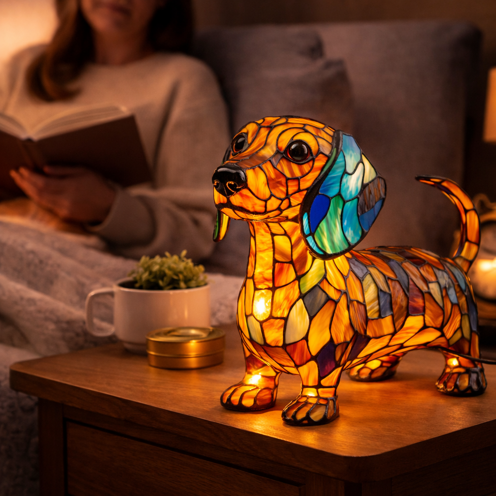 Luvano Tischleuchte Hund Buntglas bunt LED