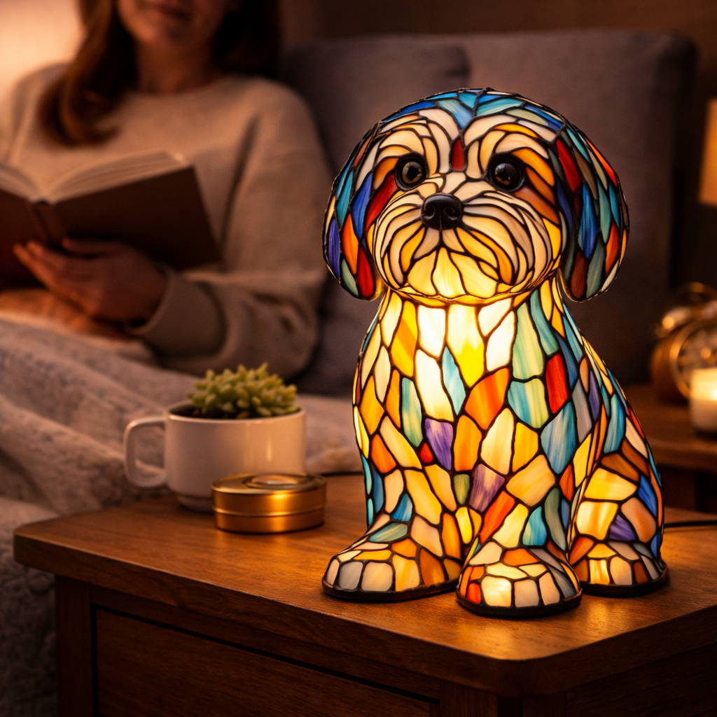 Luvano Tischleuchte Hund Buntglas bunt LED