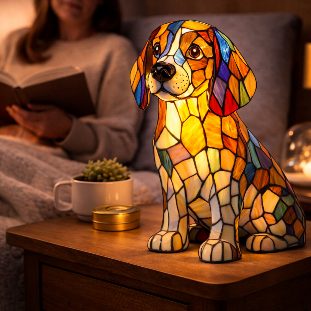 Luvano Tischleuchte Hund Buntglas bunt LED