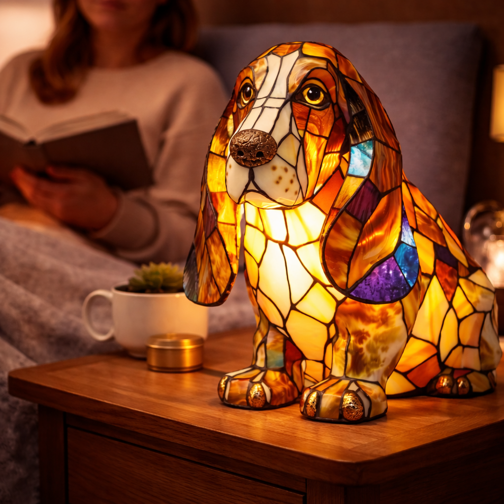 Luvano Tischleuchte Hund Buntglas bunt LED