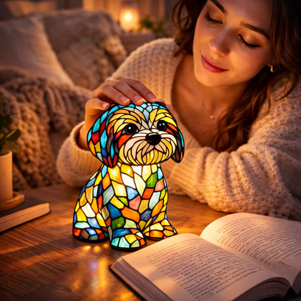 Luvano Tischleuchte Hund Buntglas Nachtlicht