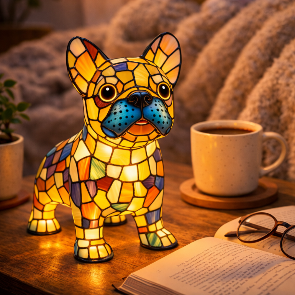 Luvano Tischleuchte Hund Buntglas Schlafzimmer