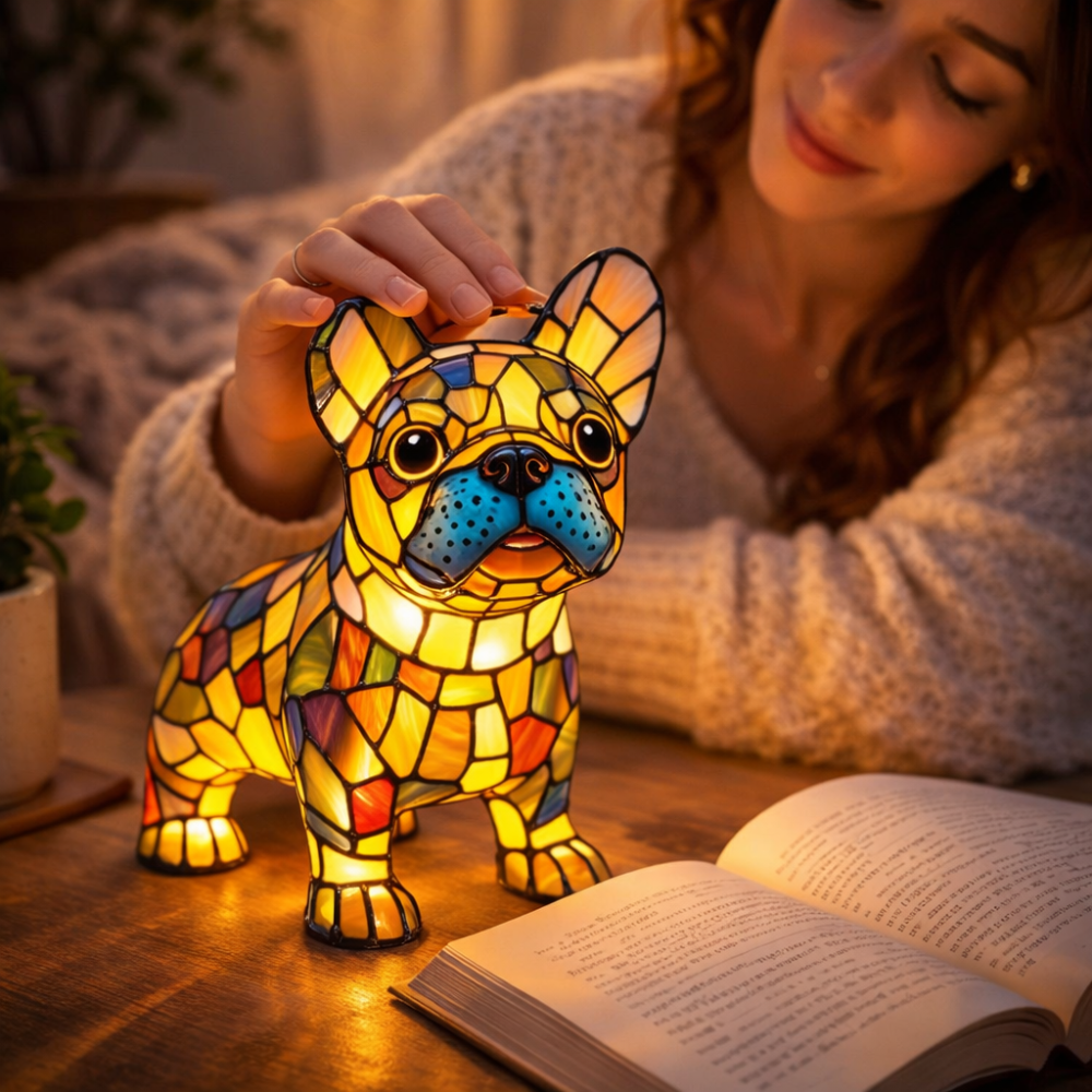 Luvano Tischleuchte Hund Buntglas Schlafzimmer